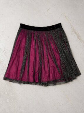 Whimsigoth Pleated Skirt Black Mesh Magenta Lining Velvet Waist Band Fairygoth
